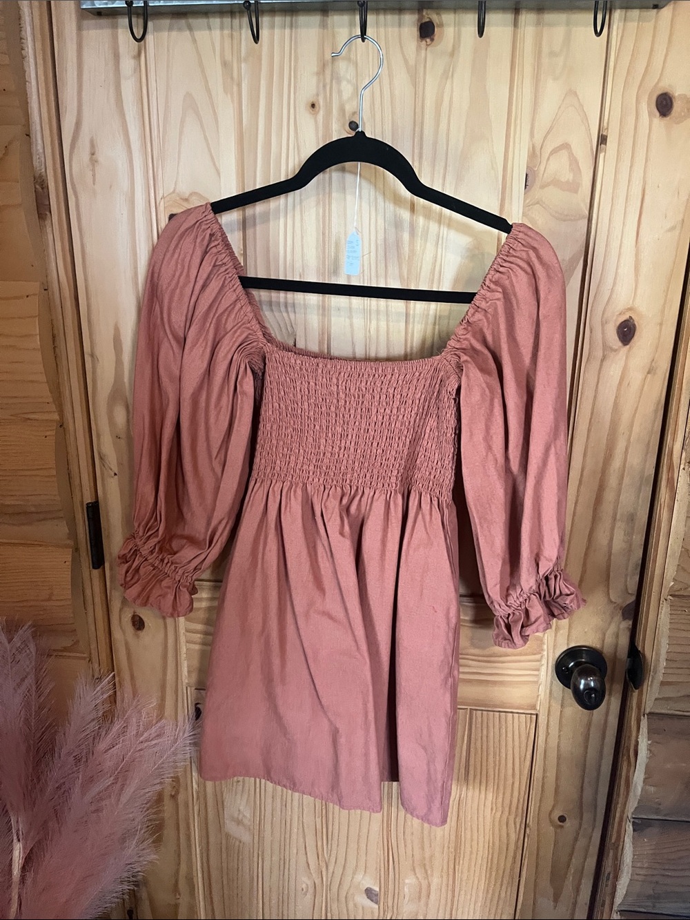 Kourt Portia Smocked Flax and Cotton Blend Rust Mini Dress